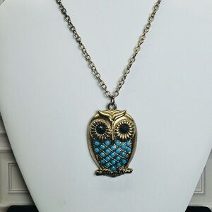 Owl Pendant Necklace with Faux Gem Accents - SKU S